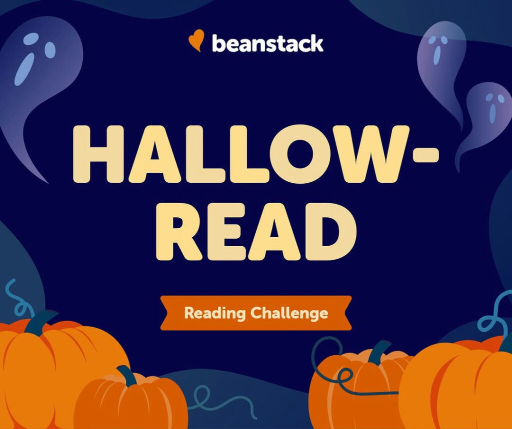 Photo by Fulton County Library System on October 10, 2025. May be a cartoon of book and text that says 'beanstack HALLOW- READ Reading ReadingChallenge Challenge'.