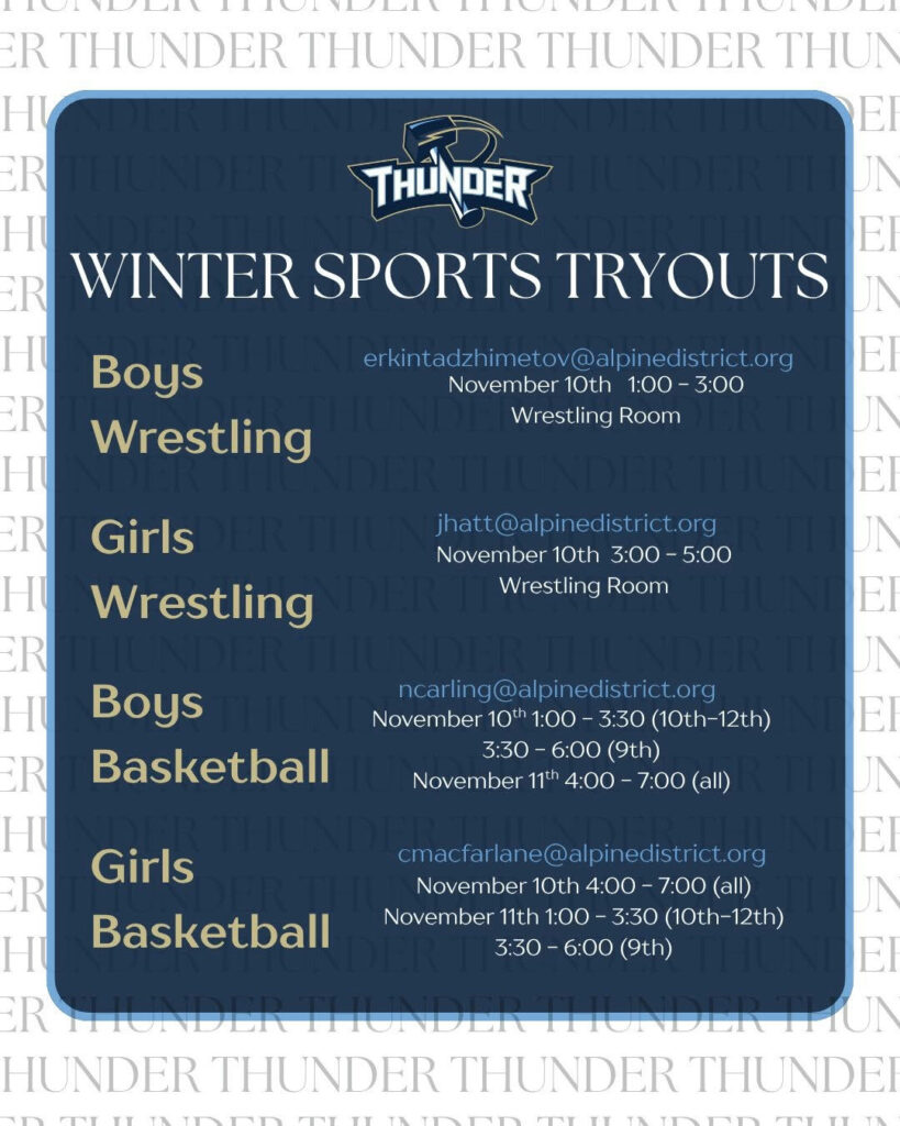 Photo by Westlake High School on October 20, 2025. May be an image of basketball, poster, sports equipment and text that says 'R THUNDER THUNDER THUNDER THUN HI El R THÜNDER R WINTER SPORTS TRYOUTS R Boys Wrestling erkintadzhinetov@alpinedistict November10th1:00 November 10th 1:00- 3:00 Wrestling Room El R Girls Wrestling R jhatt@alpinedistrict.org November 10th 3:00 5:00 Wrestling Room R Boys Basketball ncarling@alpinedistrict.org November 10ch 1:00 3:30 (10th-12th) 3:30 6:00 (9th) November 11th 4:00 7:00 (all) El Girls Basketball cmacfarlane@alpinedistrict.or November 10th 4:00- 7:00 (all) November 11th 1:00 3:30 (10th-12th) 3:30 6:00 (9th) R HUNDER THUNDER THUNDER THUNDEI'.