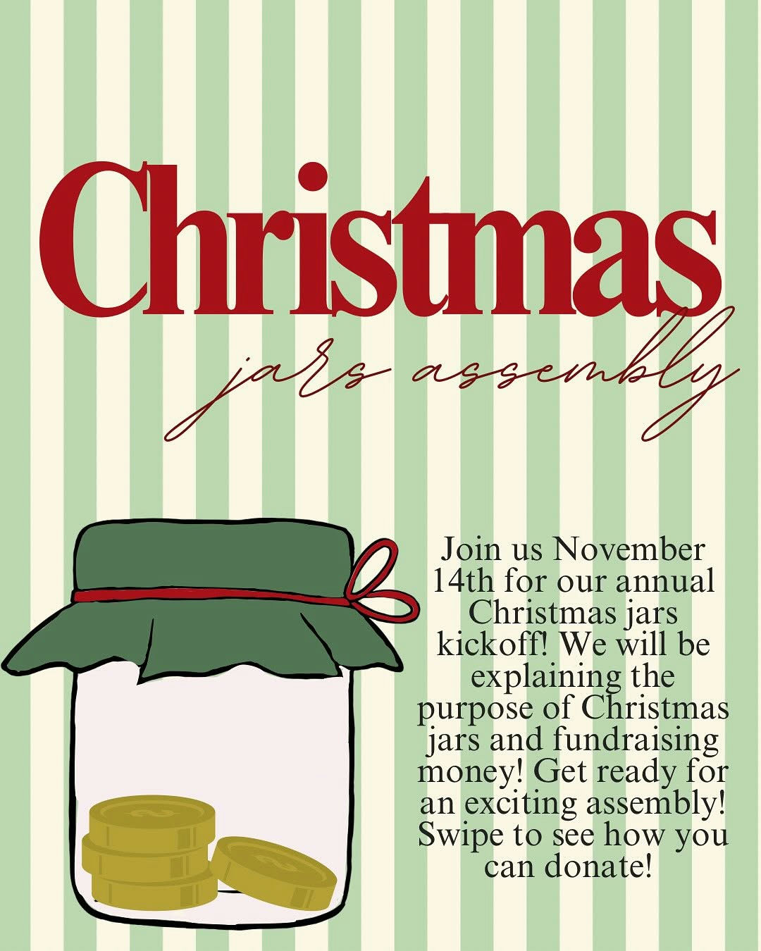 Photo shared by Westlake Student Government on November 06, 2025 tagging @_westlakehigh, and @wearewestlakestrong. May be a doodle of ‎card, jar, poster and ‎text that says '‎Christmas jars ورحي aфArTиBBoA ه 14th for our annual Join us November Christmas jars kickoff! We will be explaining the purpose of Christmas jars and fundraising money! Get ready for an exciting assembly! Swipe to see how you can donate!‎'‎‎.