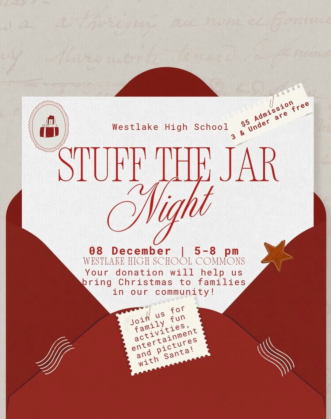 Photo by Westlake Student Government in Westlake High School (Utah) with @_westlakehigh, @westlakehighfccla, and @wearewestlakestrong. May be an image of poster, card, jar, magazine, night and text that says 'Westlake High School 2ኒ B are $5 Admissiofre Admission free Under STUFF THE JAR Night 08 December 5-8 pm WESTLAKE HIGH SCHOOL COMMONS Your donation will help us bring Christmas to families in our community! for Join us fun family entertectures atertainment ativities, and with pictures mm Santa!'.