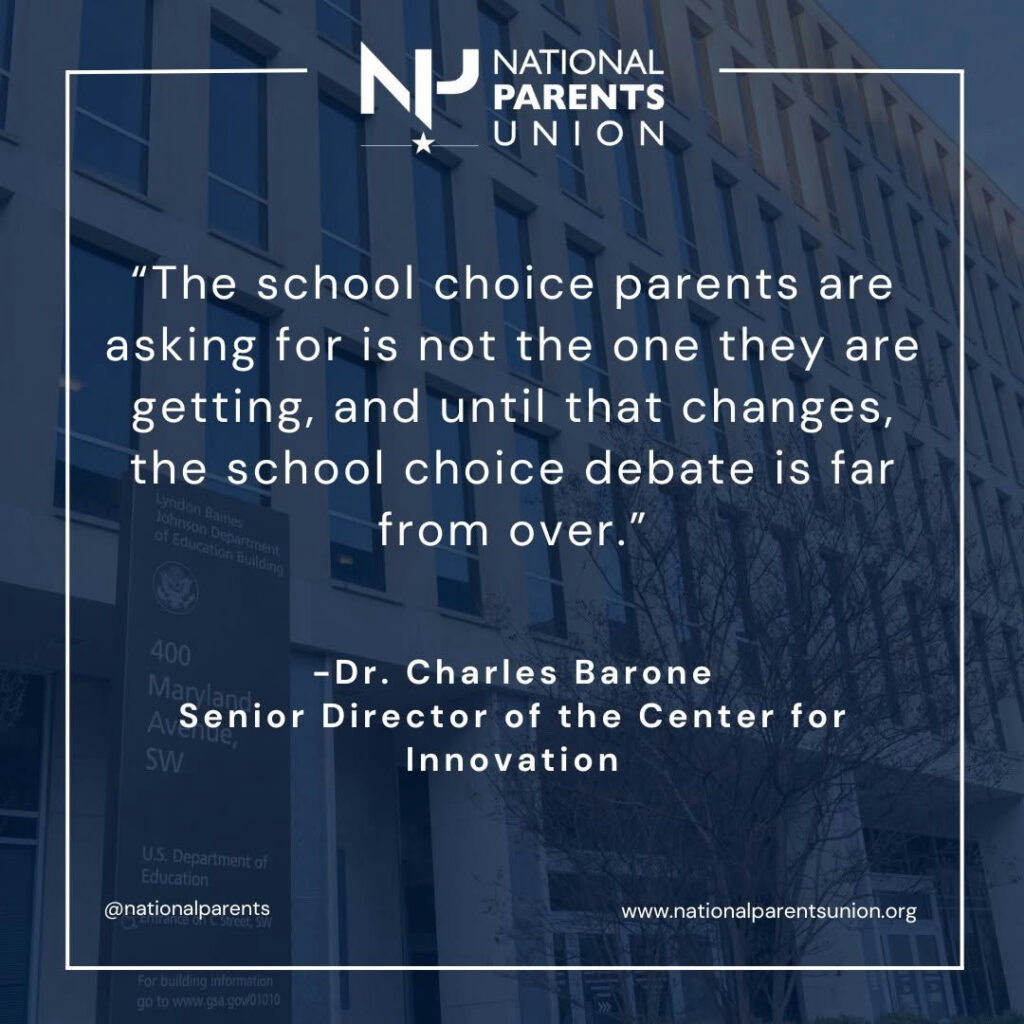 Photo by National Parents Union on October 07, 2025. May be an image of ‎text that says '‎מןח NATIONAL PARENTS UNION "The school choice parents are asking for is not the one they are getting, and until that changes, the school choice debate is far from over." -Dr. Charles Barone Senior Director of the Center for Innovation @nationalparents www.nationalparentsunion.org‎'‎.