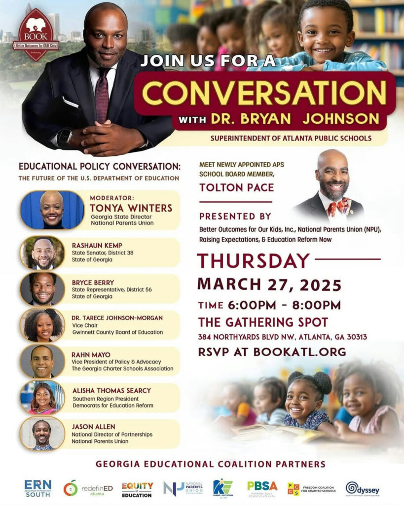 Photo by National Parents Union in The Gathering Spot with @rahnmayo, @bookatlanta, @redefinedatl, @jburkeallen, @rashaunforgeorgia, @apssupt, @berryforga56, and @peachesnpolicy. Pode ser um gráfico de 15 pessoas, revista, pôster e texto.